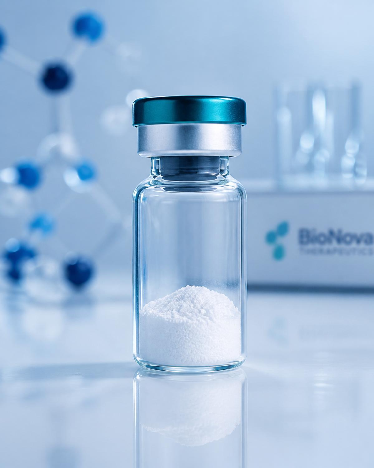Laboratory vial of lyophilized research peptide with batch reference label